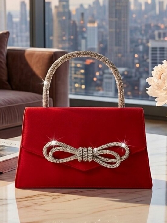 Handbags - Women's Rhinestone Bow Accent Top Handle Red Satin Flap Handbag